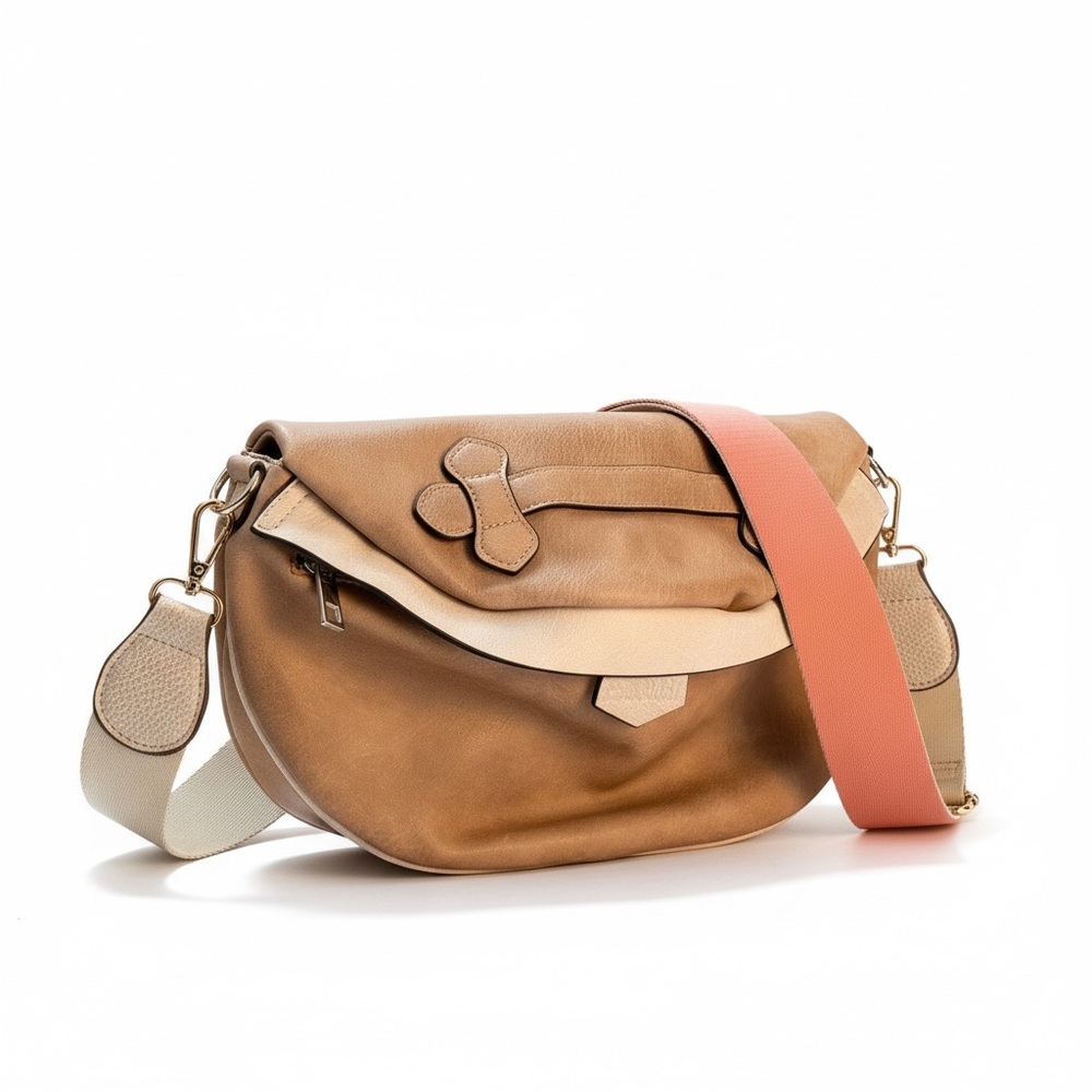 Chic Tan and Cream Crossbody Bag with Pink Strap